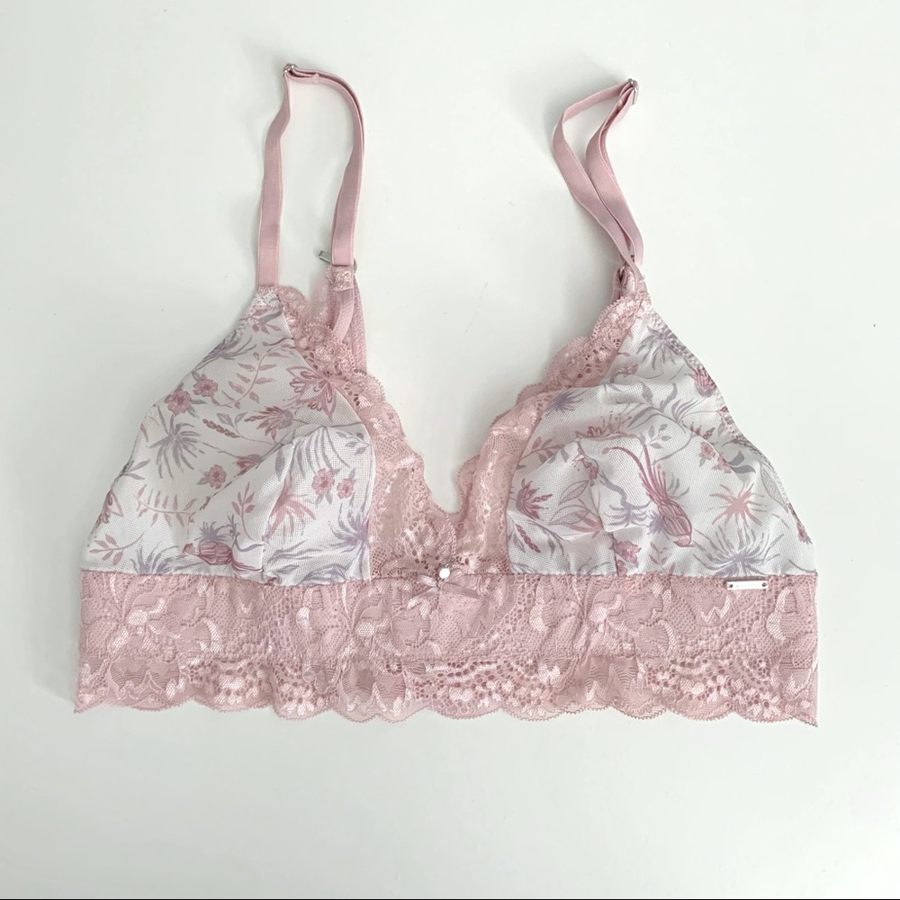 La Vie En Rose Lace Trimmed Bralette Pale Pink Floral Size Medium